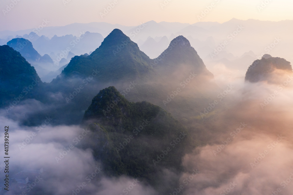 Guilin,Guangxi,China karst mountains on the Li River.Aerial view.