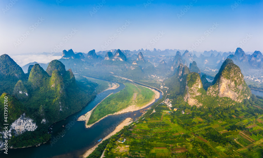 Guilin,Guangxi,China karst mountains on the Li River.Aerial view.