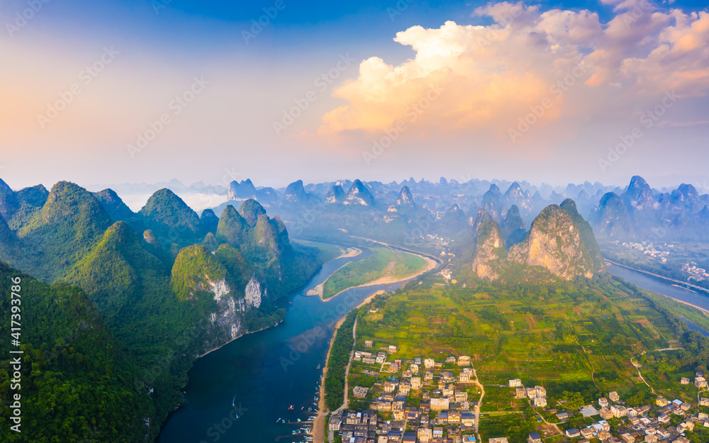 Guilin,Guangxi,China karst mountains on the Li River.Aerial view.