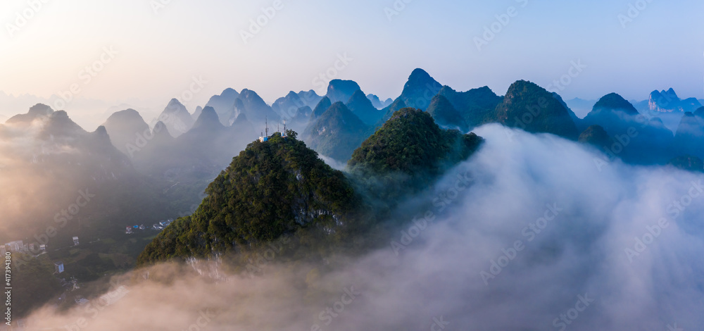 Guilin,Guangxi,China karst mountains on the Li River.Aerial view.