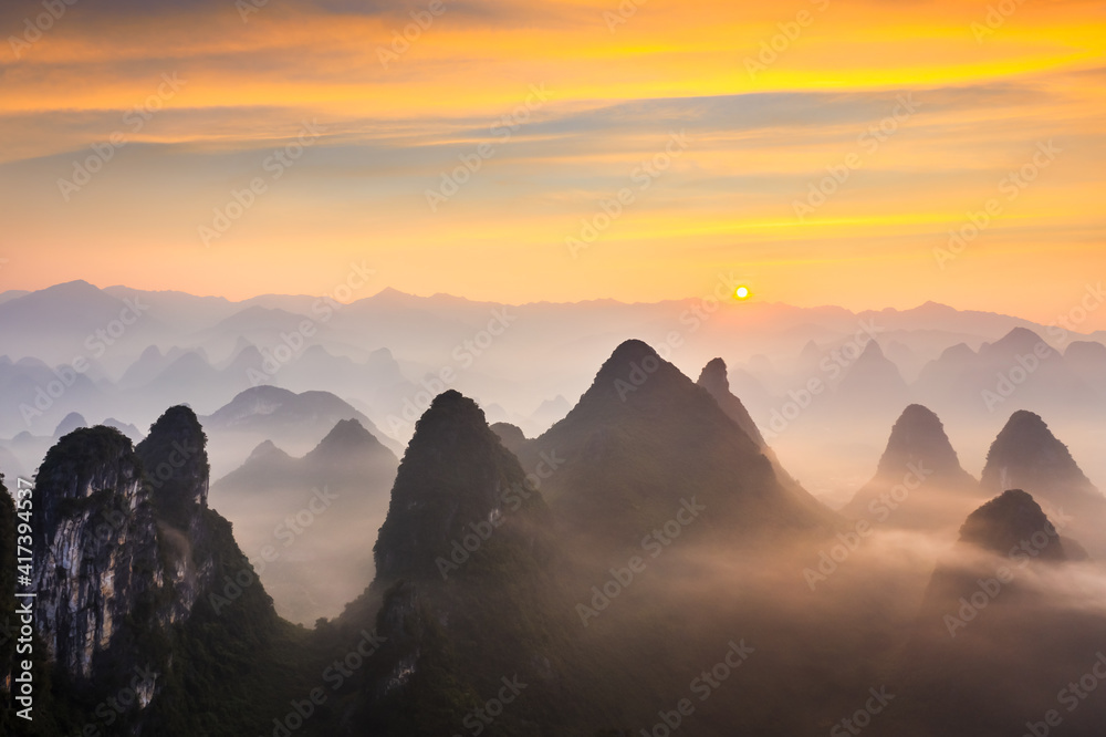 Guilin,Guangxi,China karst mountains on the Li River.Aerial view.