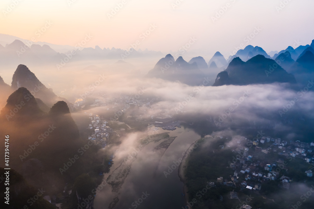 Guilin,Guangxi,China karst mountains on the Li River.Aerial view.