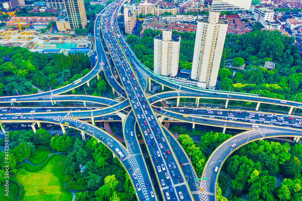 Aerial view of buildings and highway interchange in Shanghai,China.