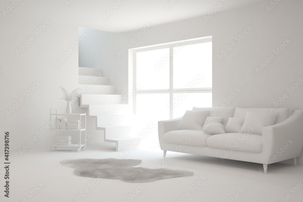 Mock up of stylish room in white color with sofa. Scandinavian interior design. 3D illustration