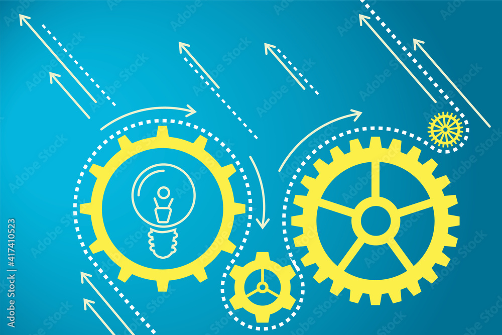 Start up business concept with light bulb illustration in gears and arrows up on blue wallpaper