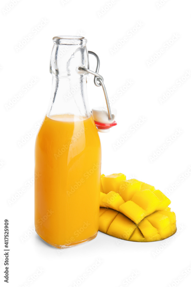 Bottle of fresh mango juice on white background