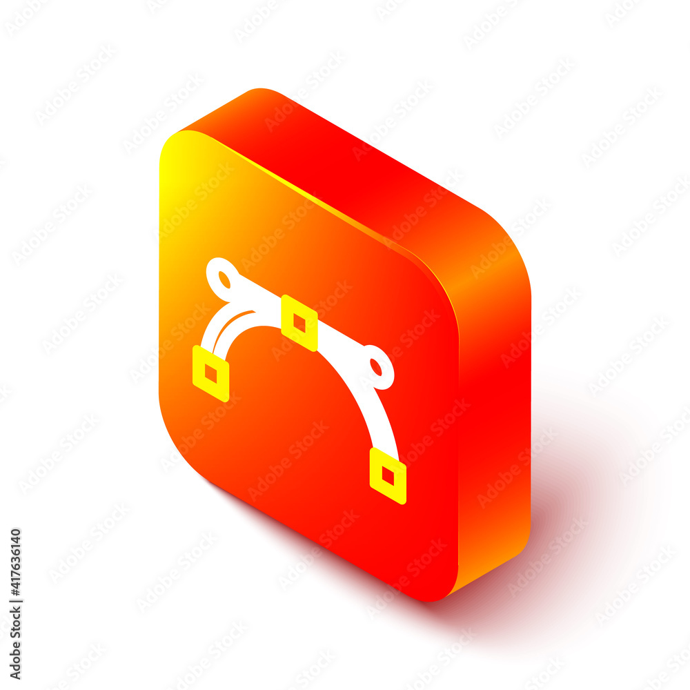 Isometric line Bezier curve icon isolated on white background. Pen tool icon. Orange square button. 