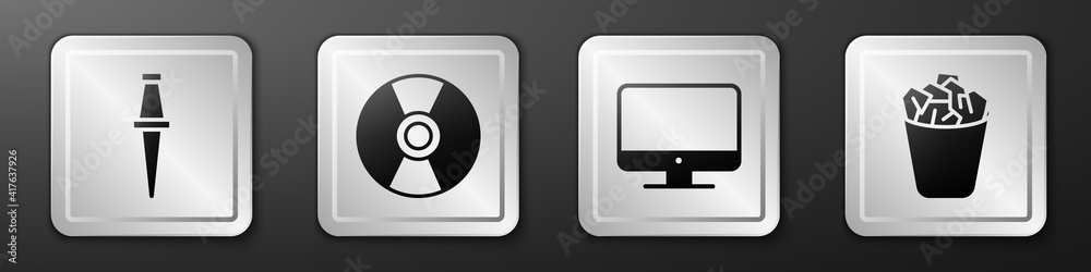 设置Push pin、CD或DVD磁盘、计算机监视器屏幕和Full trash can图标。银色方形按钮。