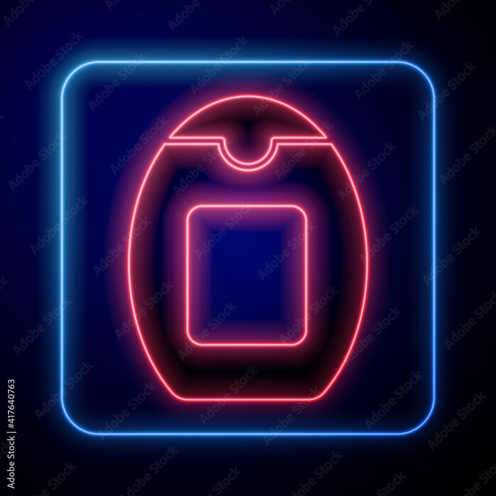 Glowing neon Bottle of shampoo icon isolated on blue background. Vector.