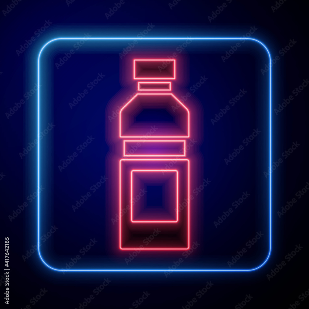 Glowing neon Bottle of water icon isolated on blue background. Soda aqua drink sign. Vector.