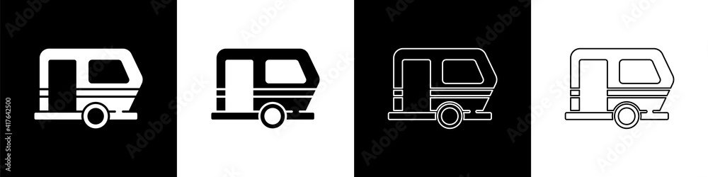 Set Rv Camping trailer icon isolated on black and white background. Travel mobile home, caravan, hom