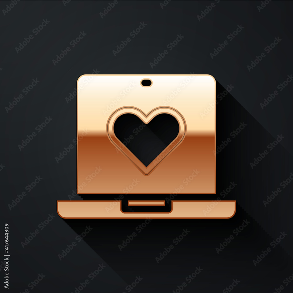 Gold Dating app online laptop concept icon isolated on black background. Female male profile flat de