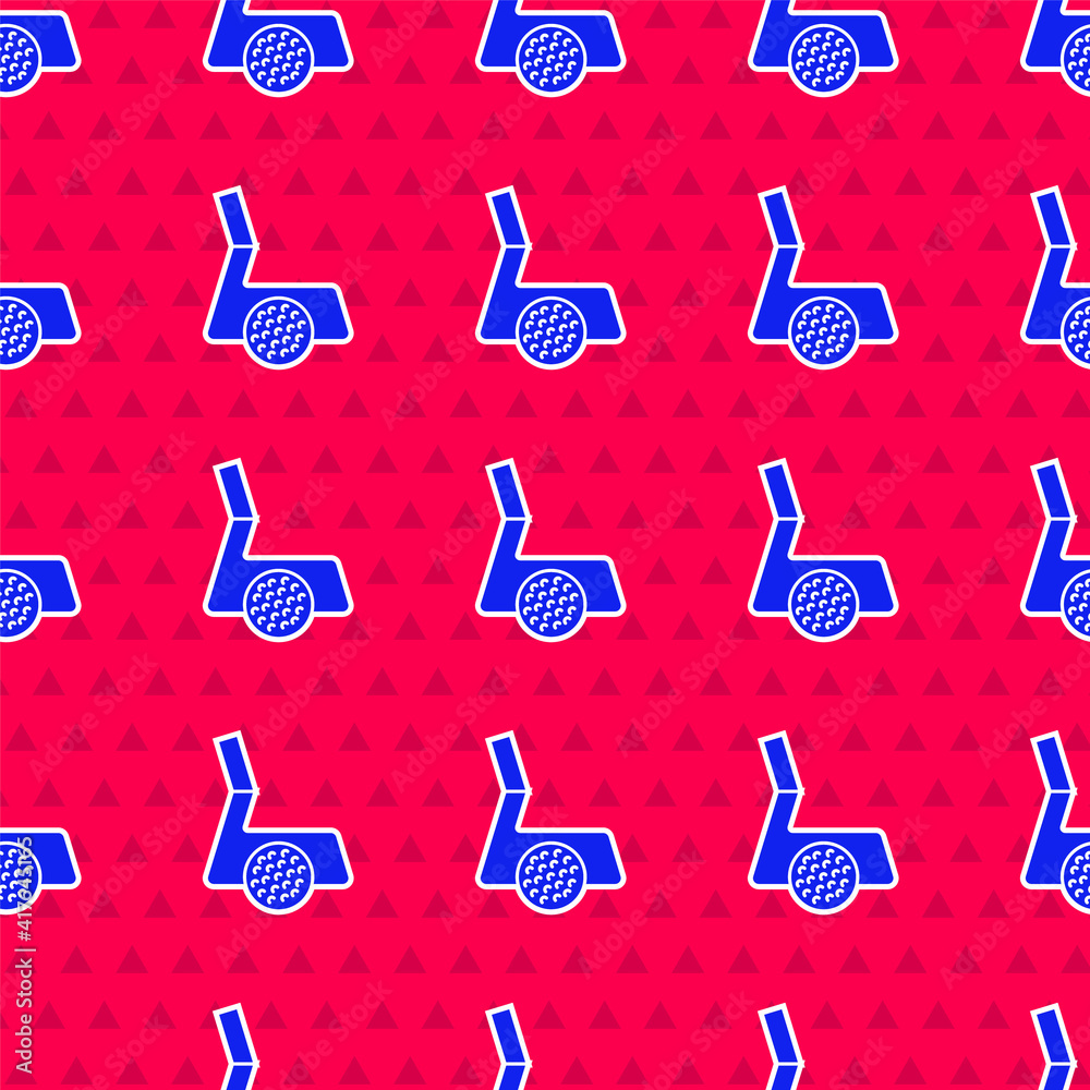 Blue Golf club with ball icon isolated seamless pattern on red background. Vector.