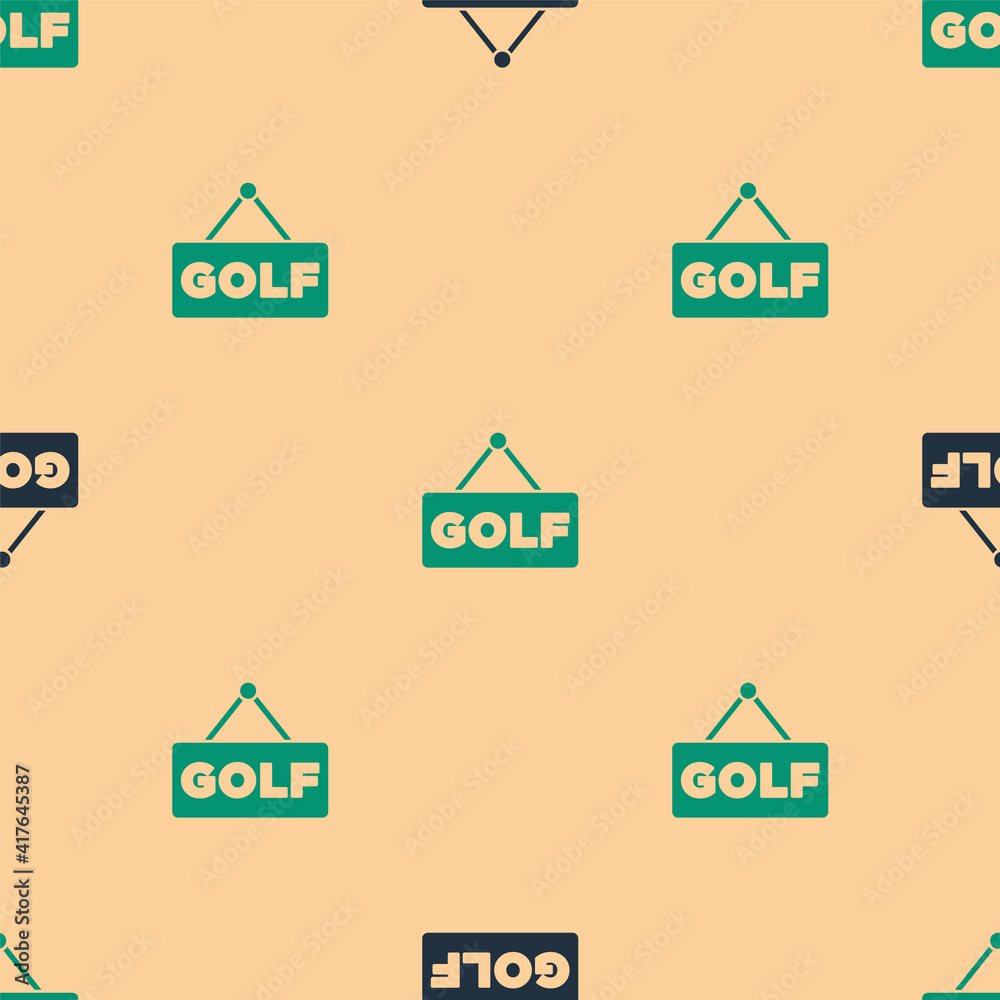 Green and black Golf label icon isolated seamless pattern on beige background. Vector.