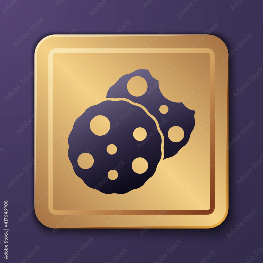 Purple Cookie or biscuit with chocolate icon isolated on purple background. Gold square button. Vect