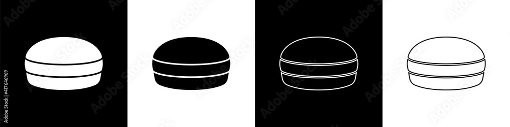 Set Macaron cookie icon isolated on black and white background. Macaroon sweet bakery. Vector.