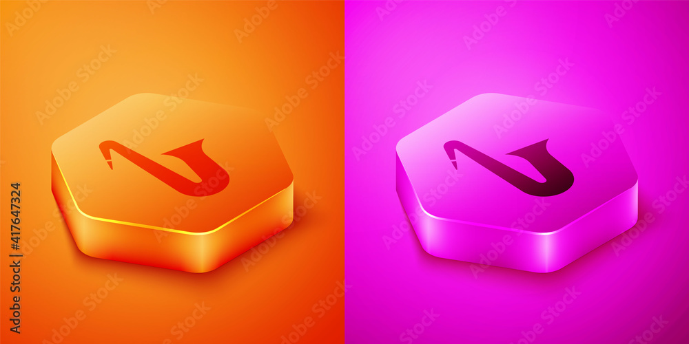 Isometric Musical instrument saxophone icon isolated on orange and pink background. Hexagon button. 