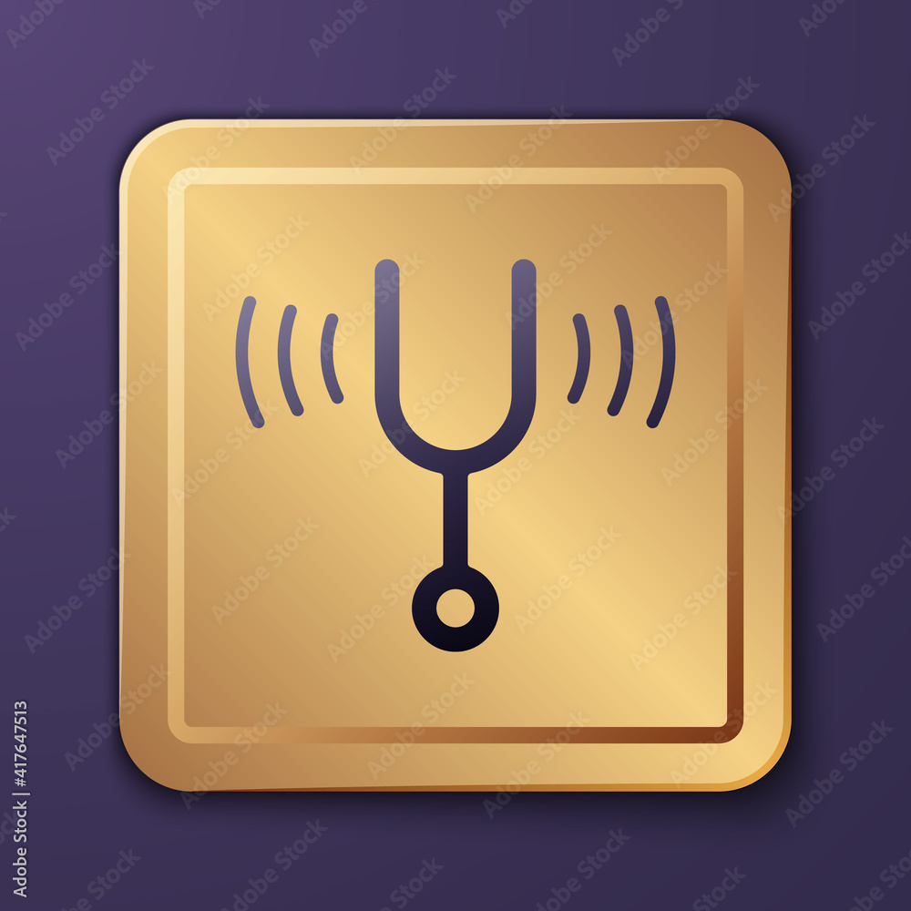 Purple Musical tuning fork for tuning musical instruments icon isolated on purple background. Gold s