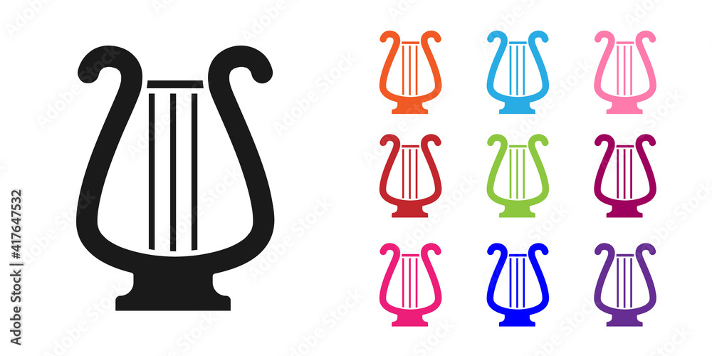 Black Ancient Greek lyre icon isolated on white background. Classical music instrument, orhestra str