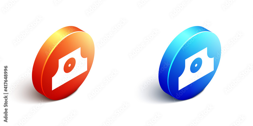 Isometric Spray can nozzle cap icon isolated on white background. Orange and blue circle button. Vec