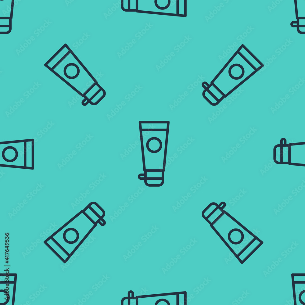 Black line Cream or lotion cosmetic tube icon isolated seamless pattern on green background. Body ca