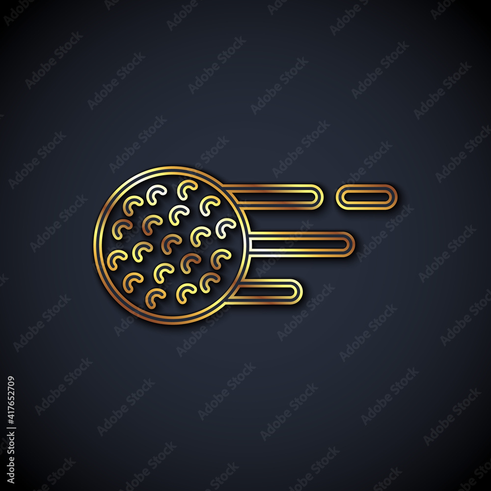 Gold line Golf ball icon isolated on black background. Vector.