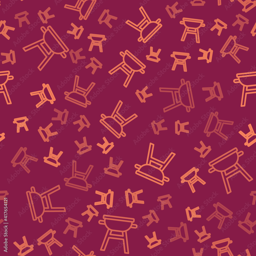 Brown line Barbecue grill icon isolated seamless pattern on red background. BBQ grill party. Vector.