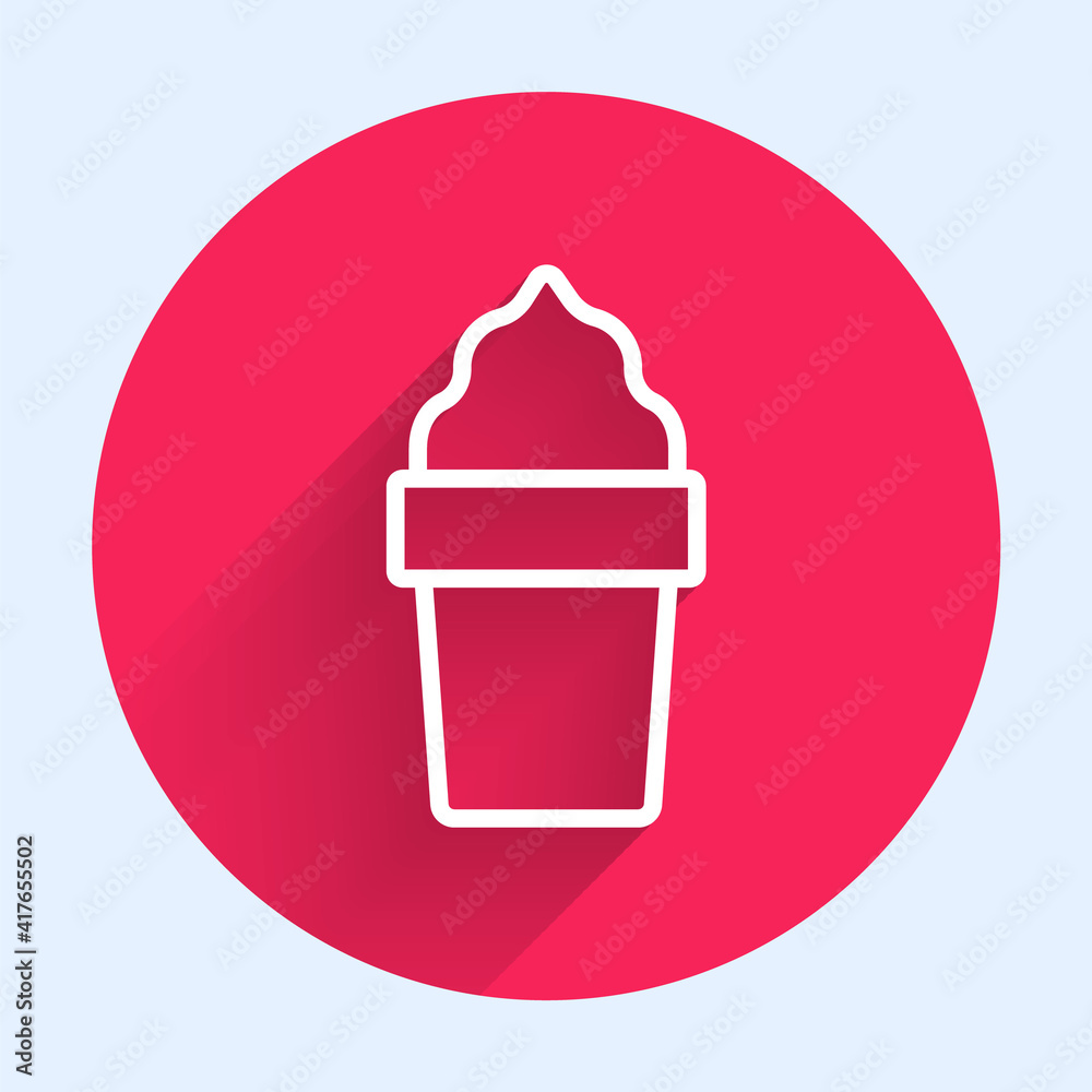 White line Ice cream in waffle cone icon isolated with long shadow. Sweet symbol. Red circle button.