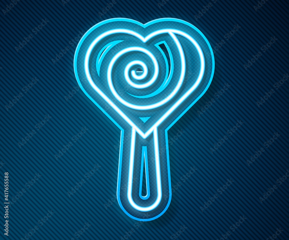 Glowing neon line Lollipop icon isolated on blue background. Food, delicious symbol. Vector.