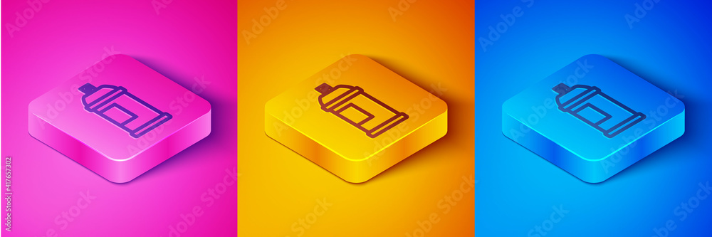 Isometric line Paint spray can icon isolated on pink and orange, blue background. Square button. Vec