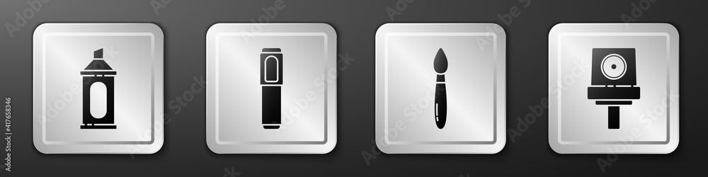 Set Marker pen, Marker pen, Paint brush and Spray can nozzle cap icon. Silver square button. Vector.