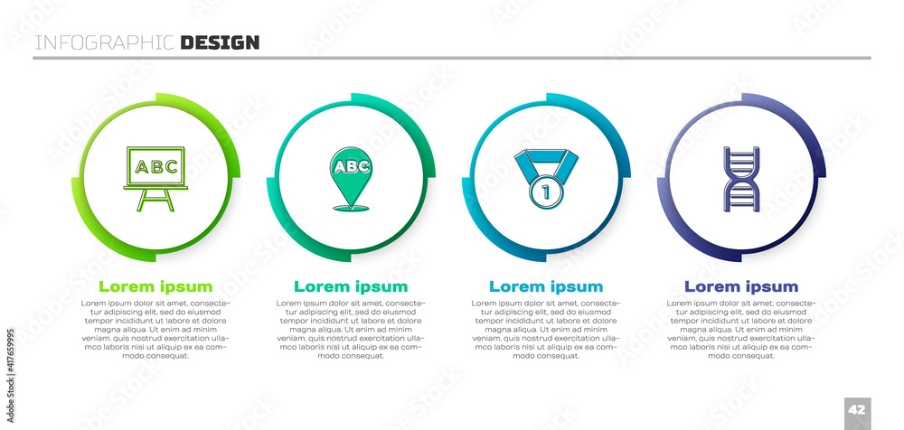 设置黑板、字母表、奖章和DNA符号。商业信息图模板。矢量。