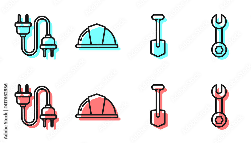 设置线铲、电插头、工人安全帽和扳手图标。矢量。