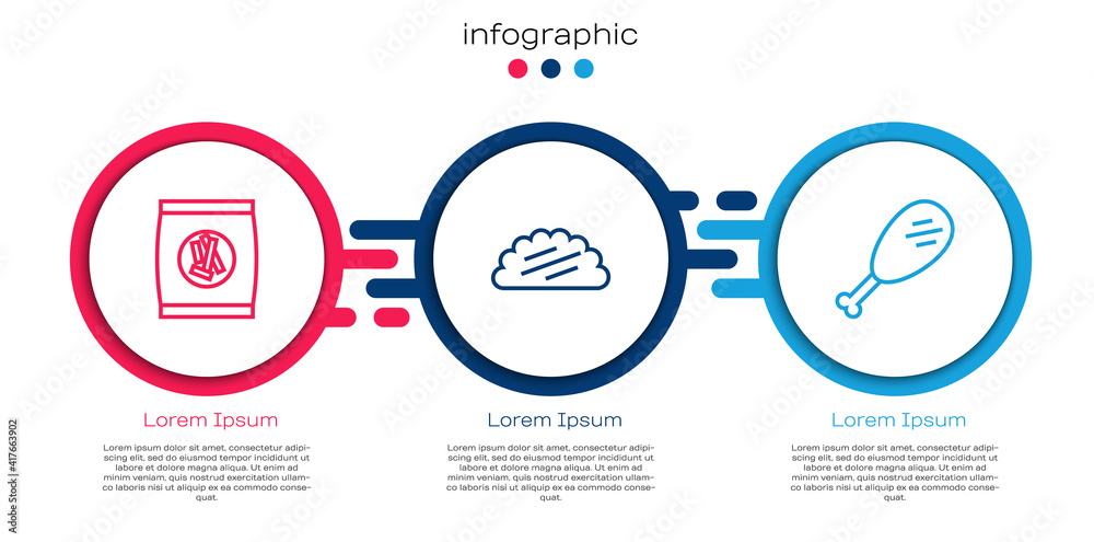 Set line Hard bread chucks crackers, Taco with tortilla and Chicken leg. Business infographic templa