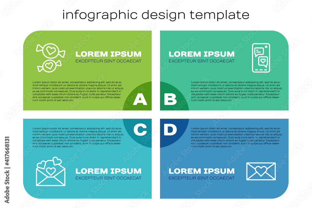Set line Envelope with Valentine heart, Candy, and Mobile. Business infographic template. Vector.