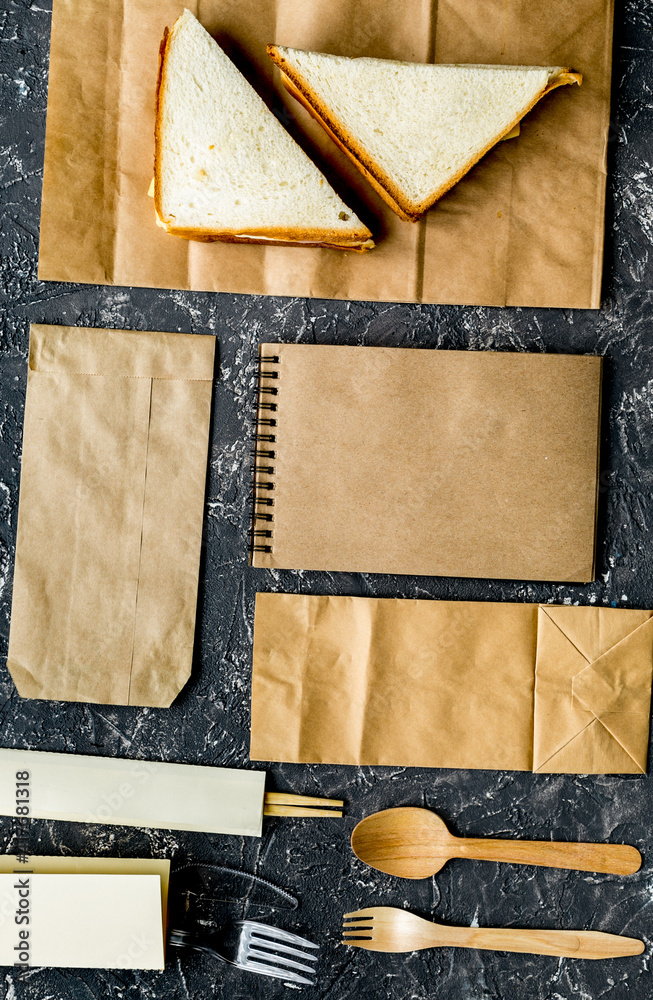 Take away set with paper bags restourant table background top view mockup