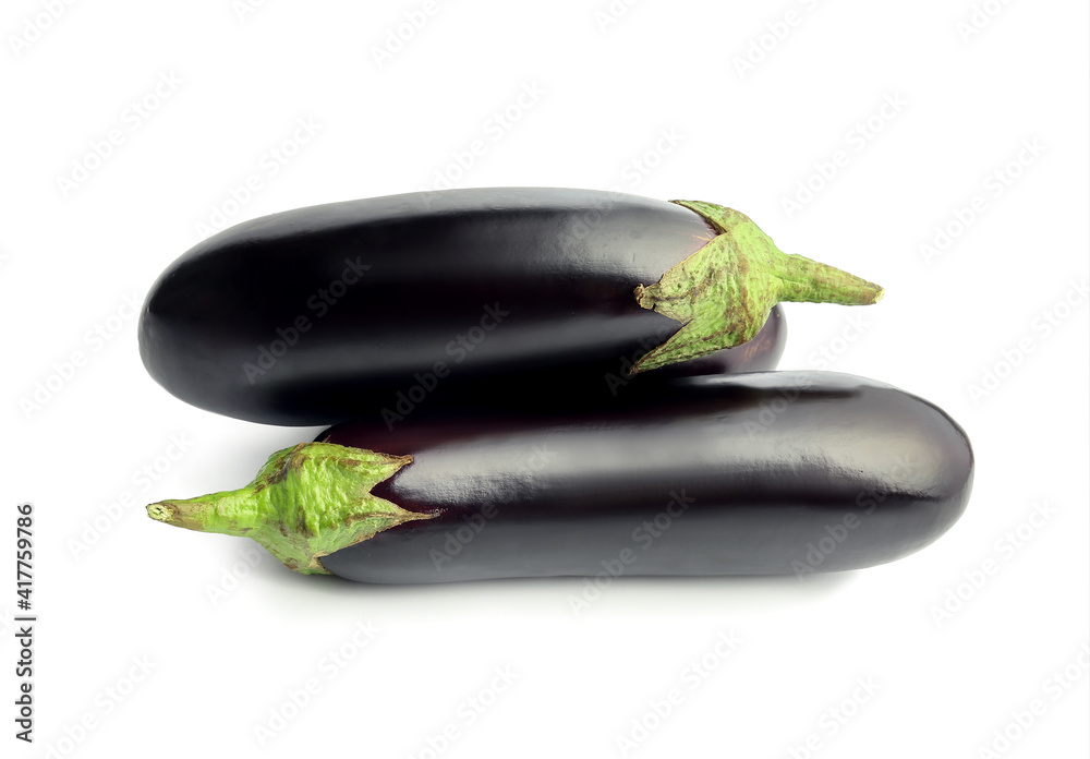 Fresh eggplants on white background