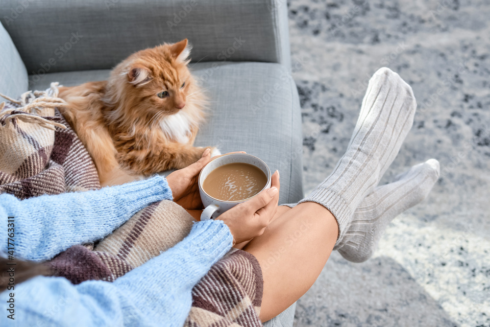 Beautiful young woman with cute cat drinking hot chocolate at home