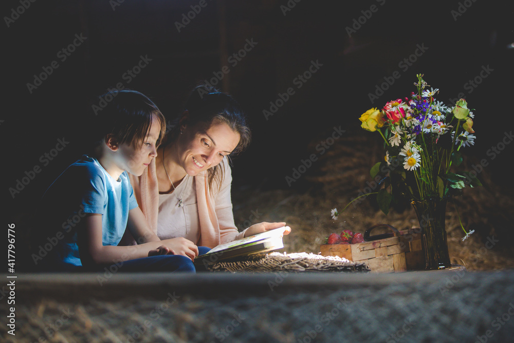 漂亮的妈妈和蹒跚学步的金发男孩，在阁楼上看书，气氛很好，鲜花和稻草