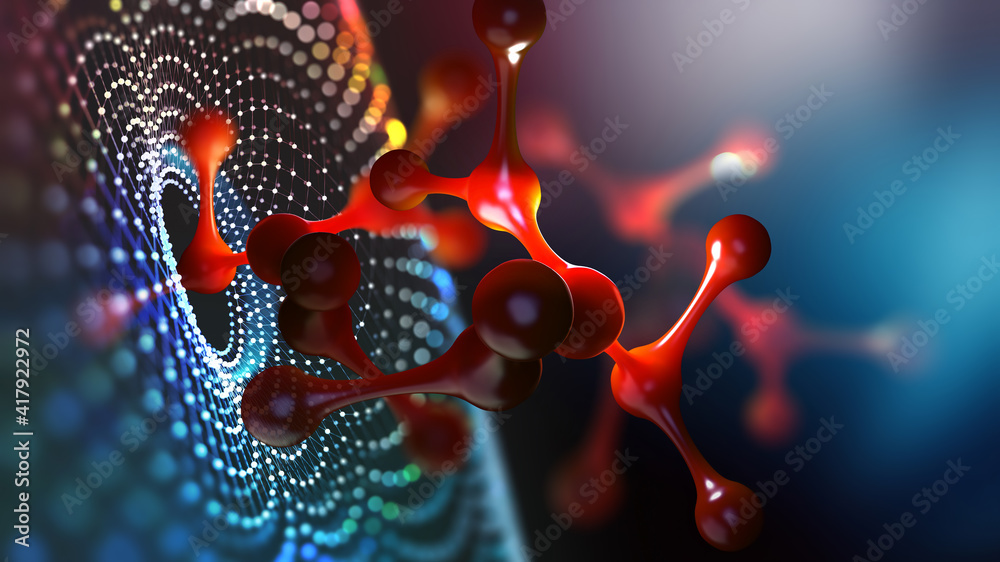 Molecule 3D illustration. Computer simulation and laboratory experiments. Decoding genome. Virtual m