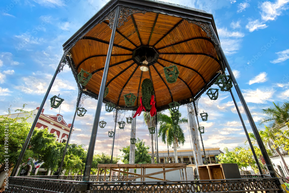 Mazatlan Old City central plaza in historic city center near ocean promenade and El Malecon.