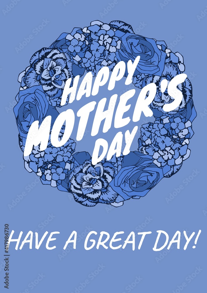 Happy mothers day text with blue flower wreath on blue background