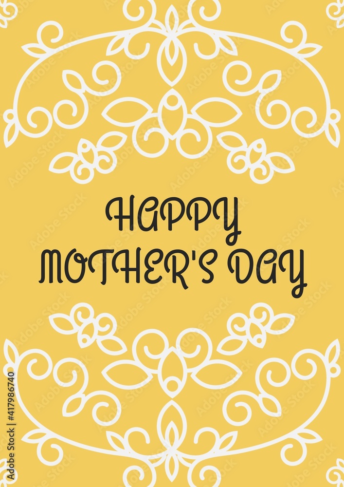 Happy mothers day text with white floral design on yellow background