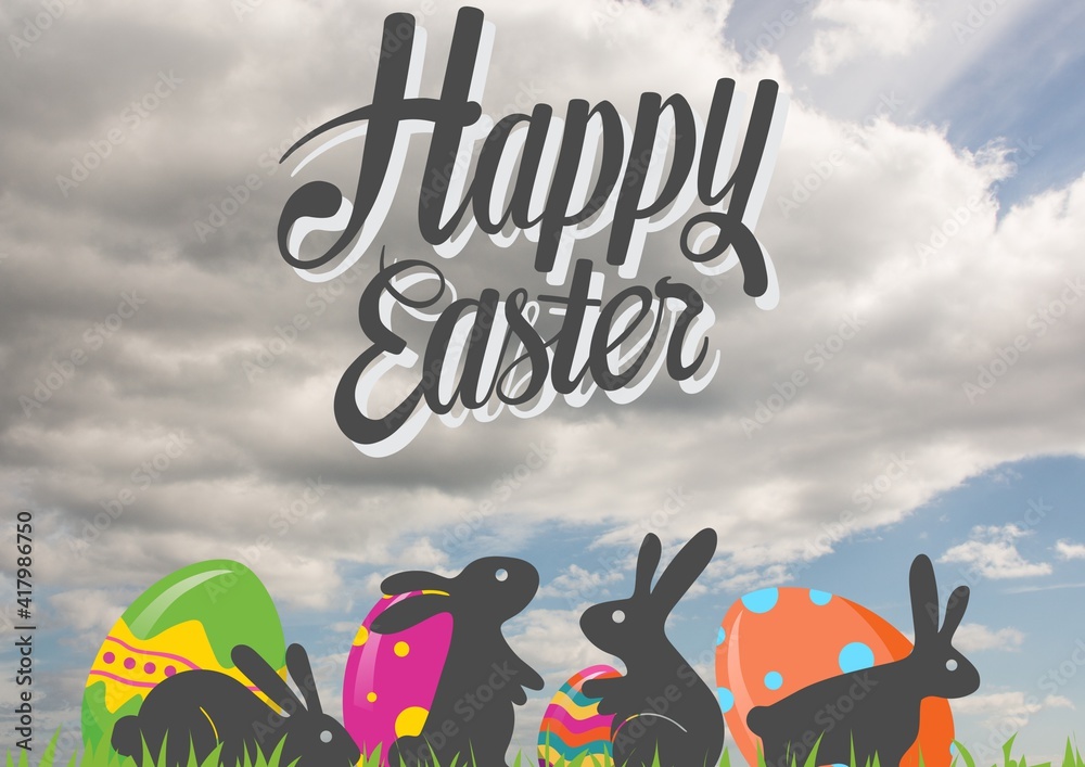 Happy easter text with easter bunnies and easter eggs and clouds in background