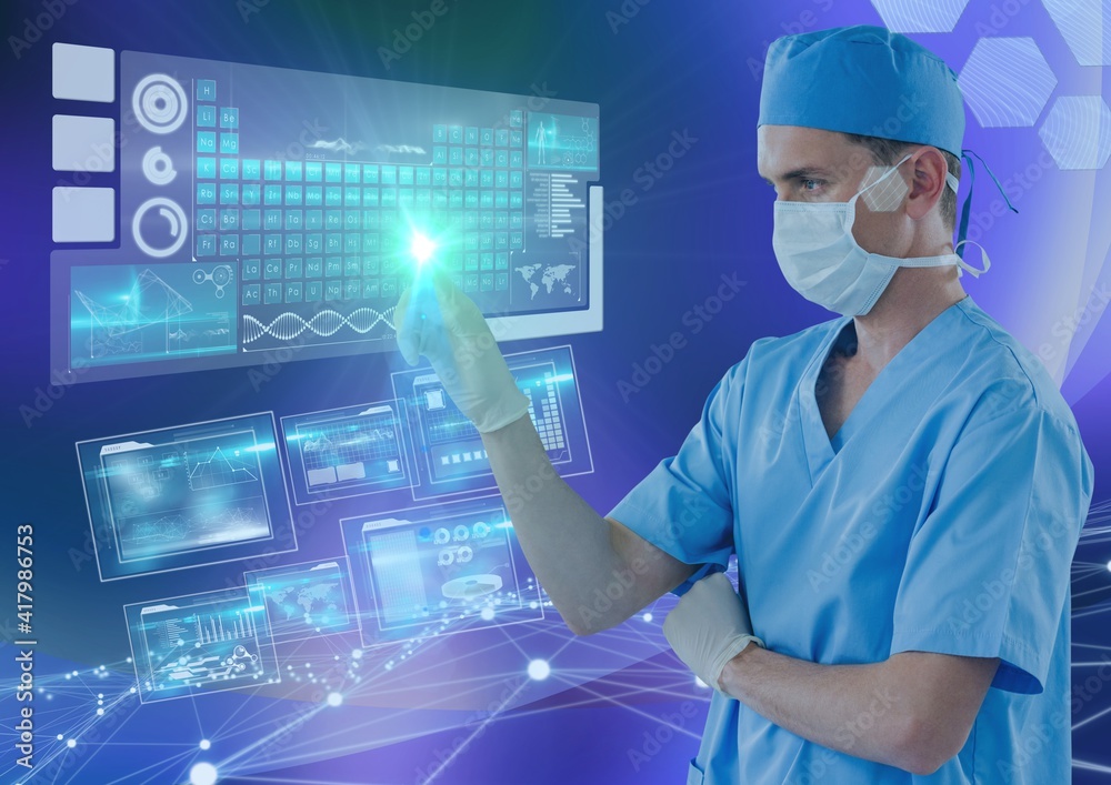 Male doctor using interactive screen with scientific data processing on purple background