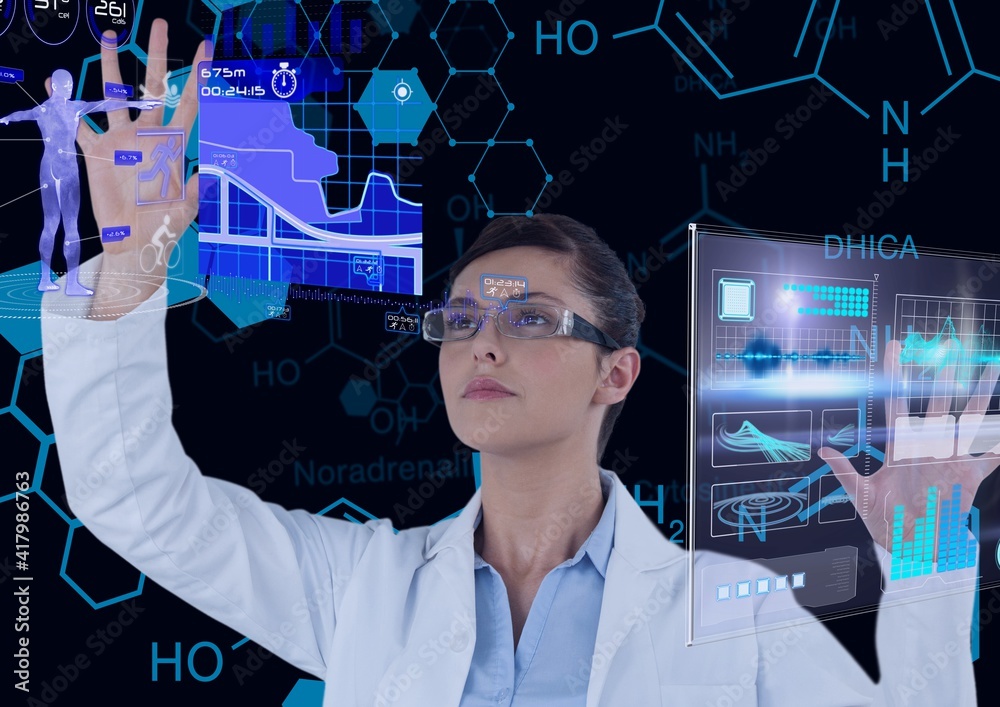 Female doctor touching screen with scientific data processing and human body