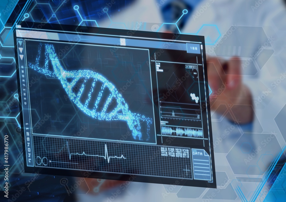 Scientific data processing with dna strand on digital screen