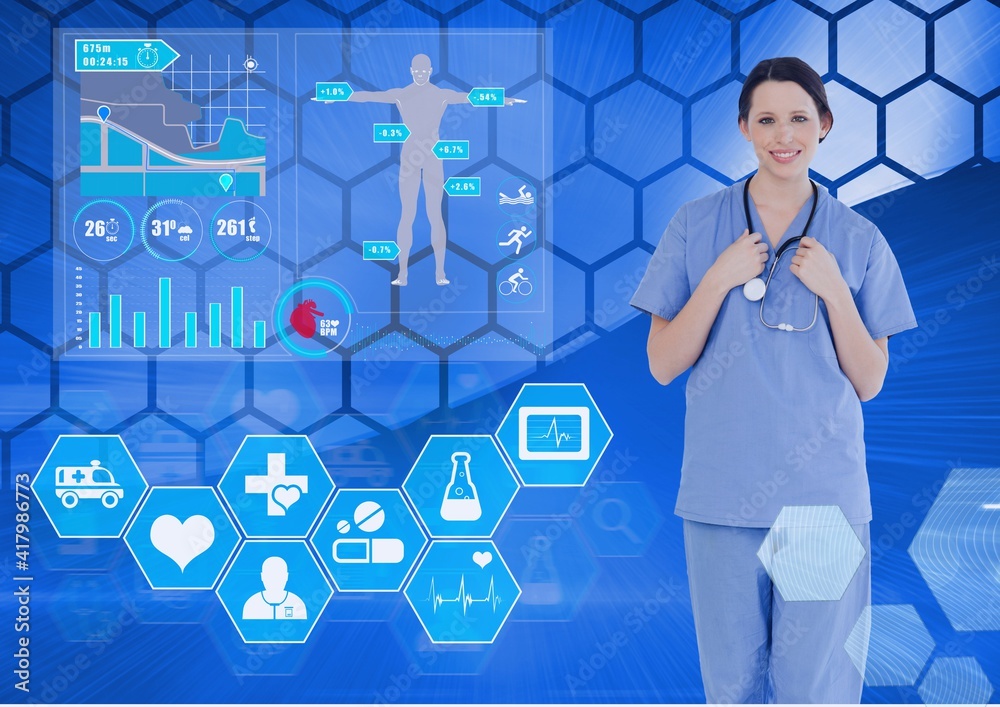 Scientific data processing with human body and medical icons with female doctor on blue background