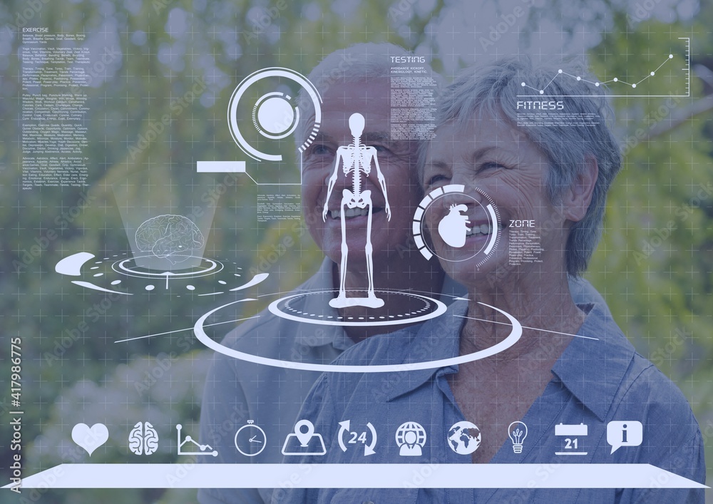 Scientific data processing with human skeleton and scope scanning over happy senior couple