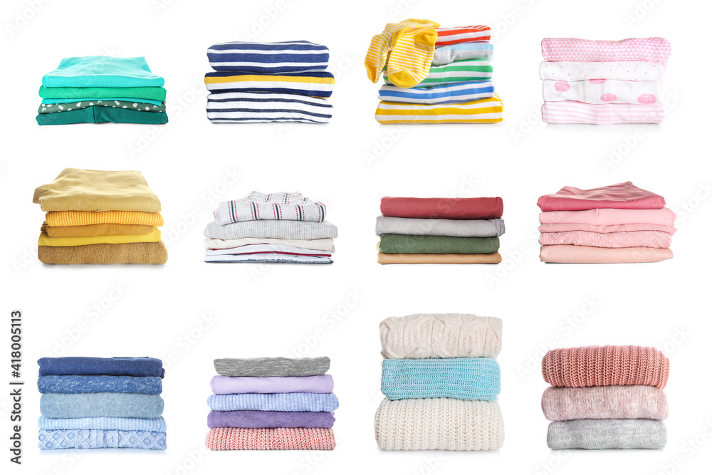 Young woman with clean laundry on color background